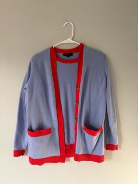 Ann Taylor Blue Cardigan AND Top Set with Red Trim